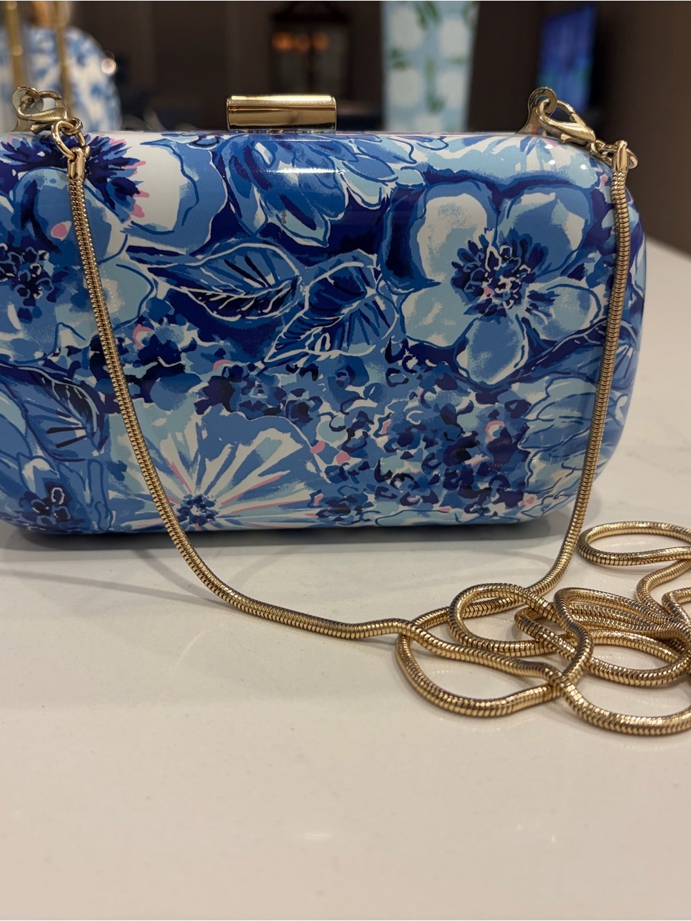 Lilly Pulitzer Blue Floral Hardcase Clutch with Gold Chain